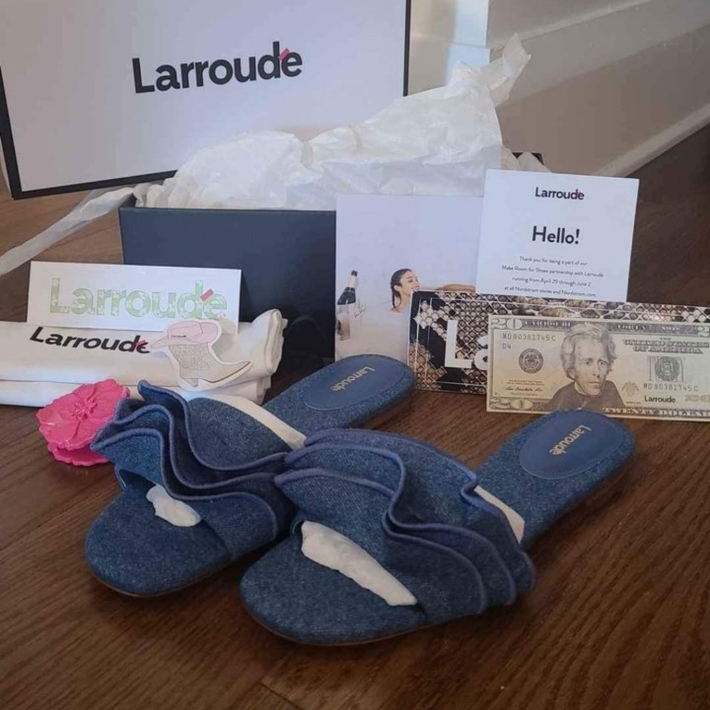 Larroude Ivy Ruffle Sandals in Demin Stone Blue